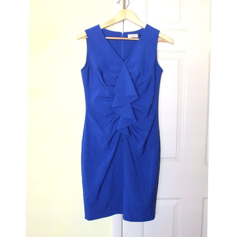 Calvin Klein Royal Blue Women Ruffle Midi Dress Size 8 Sleeveless